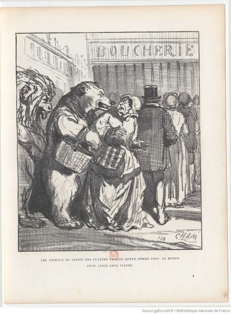 Un ours et un lion font la queue devant une boucherie; une dame regarde l'ours, étonnée