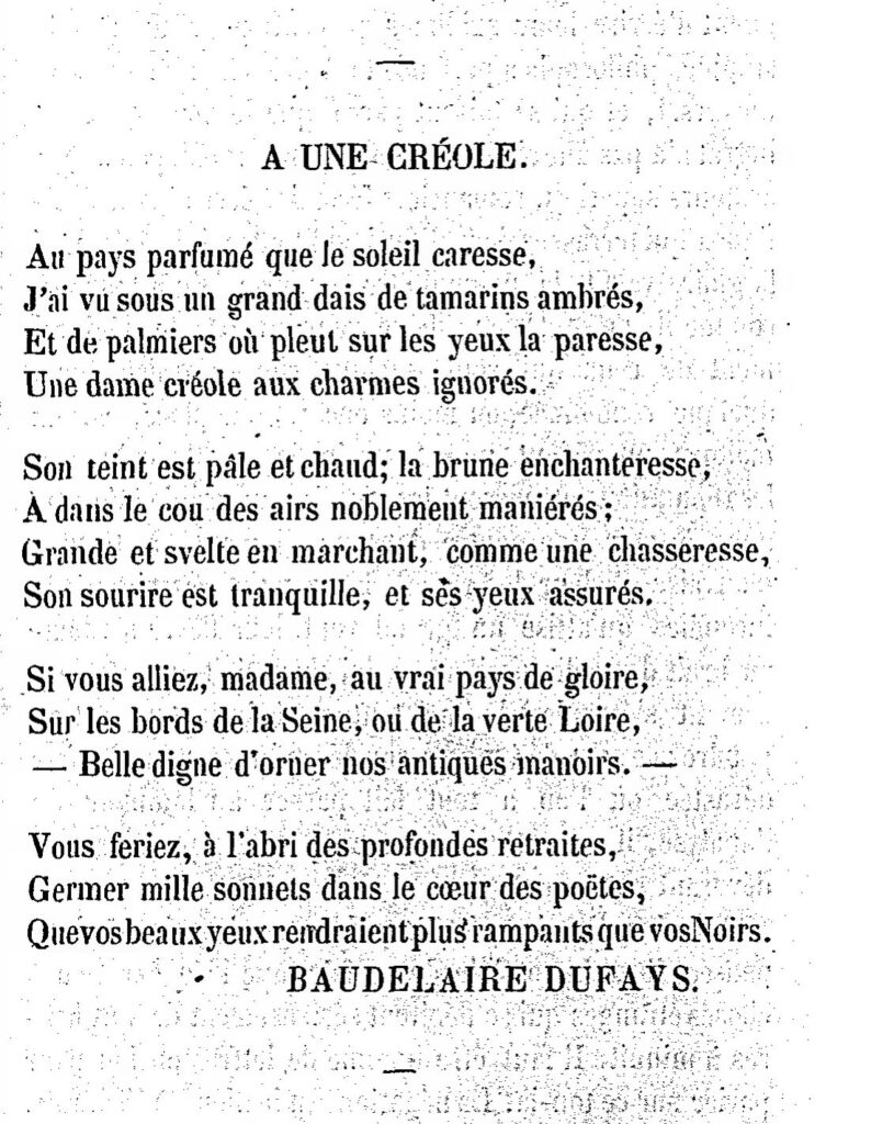 Le poème « À une Créole » de Charles Baudelaire.