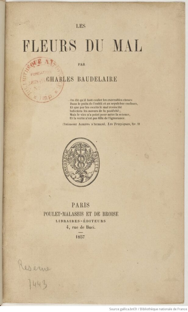 La page couverture des Fleurs du mal, publié en 1857.