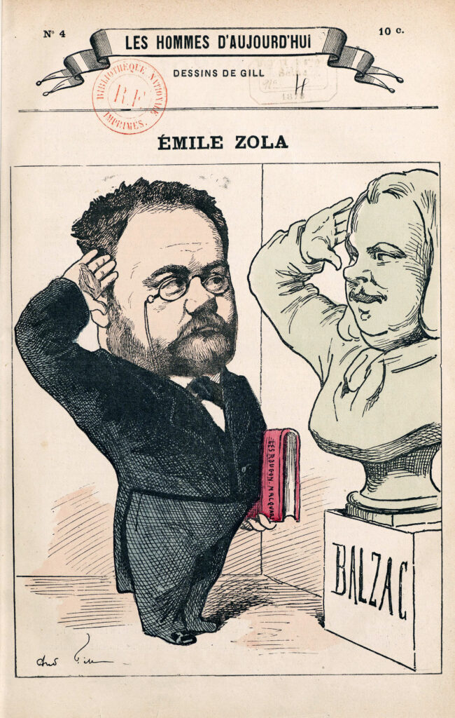 Dessin montrant Émile Zola rendant hommage à Balzac