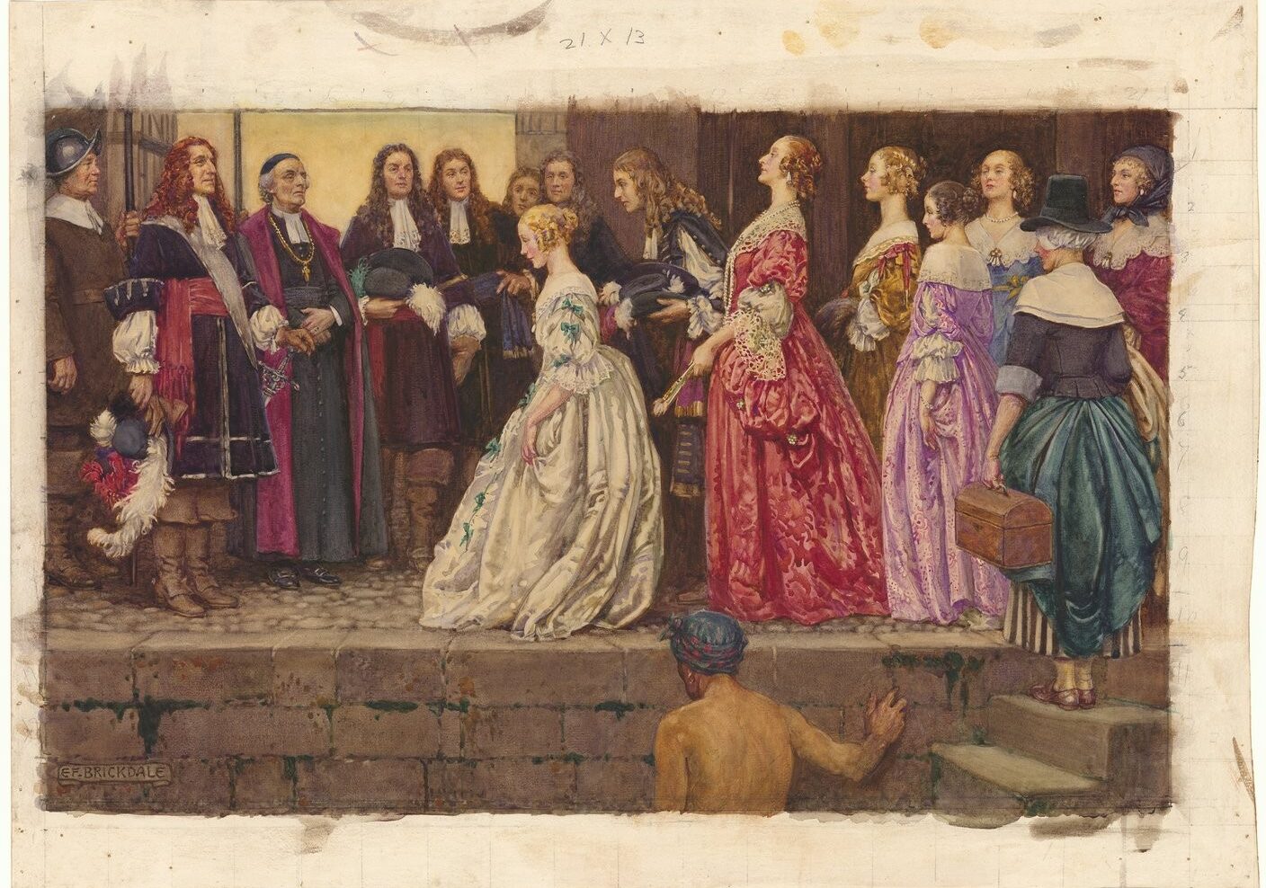 Un tableau de Eleanor Fortescue-Brickdale qui représente l'arrivée des Filles du roi au Québec.