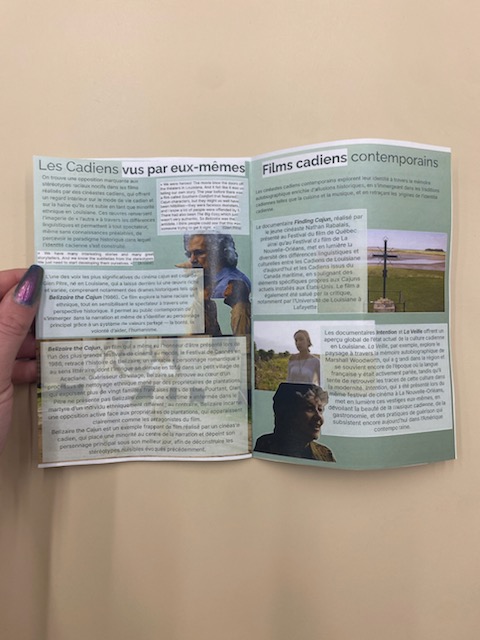 La sixième page du zine avec la section « Les Cadiens vus par eux-mêmes » et la septième page du zine avec la section « Films cadiens contemporains ».