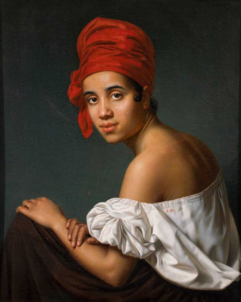 Une peinture d'une femme créole qui porte un turban rouge