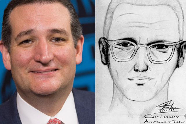 A photo of Ted Cruz (left) and the sketch of The Zodiac Killer (right)