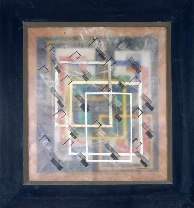 multicolored rectangular shapes visible through parchment on which diagonal two cream and one white rectangle have been painted along with rows of diagonal rectangles in white, grey and black; abstract