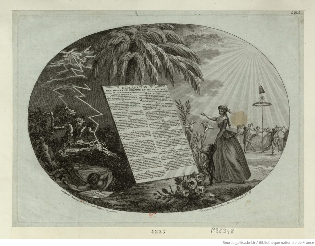 Une femme regarde un grand tableau où sont inscrits les droits de l'homme et du citoyen