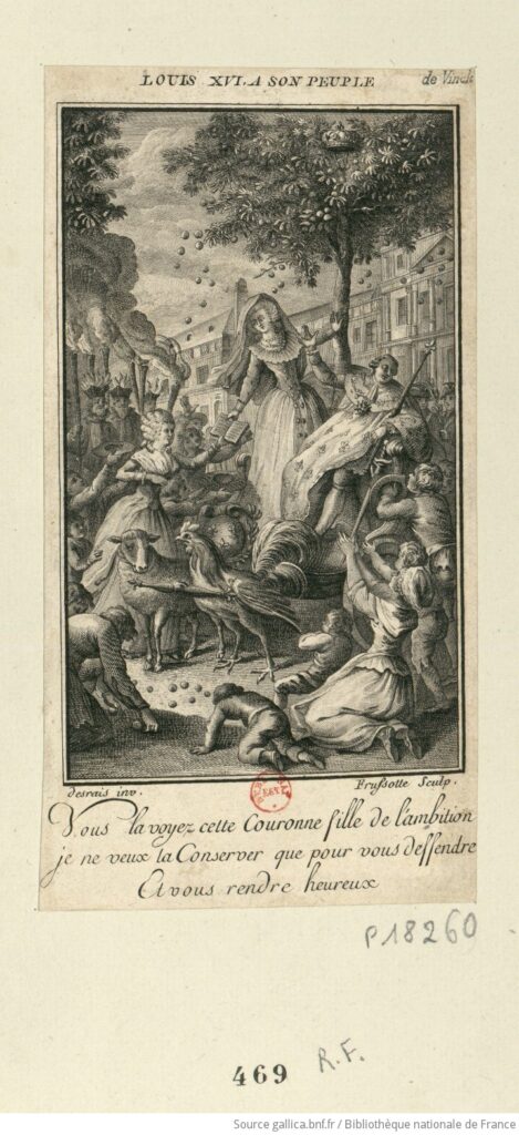 Olympe de Gouges offre sa Déclaration à Marie-Antoinette, qui est à côté du roi Louis XVI