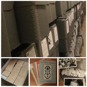 image of rows of archival boxes, image of box of microfilm, image of three photographs