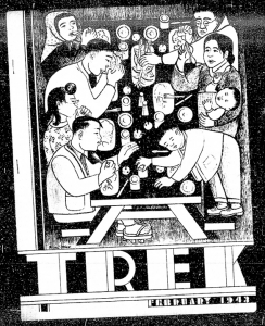 copy of cover of Trek magazine with a drawing of Japanese American internees at a table