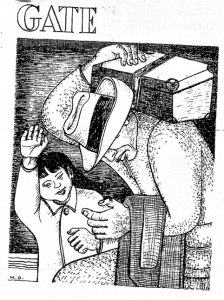 drawing of man bent over holding suitcase and child waiving