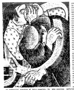 drawing of man bent over and another man covering his face