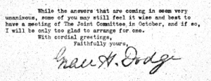 image of a note sent by Grace Dodge with her signature