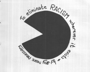 image of circle with a segment missing and the words to eliminate racism wherever it exists and by any means possible around it.