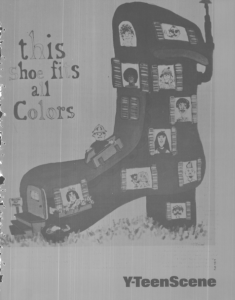 digitized image of Y-Teen Scene cover with an illustration of a shoe housing children and the title This Shoe Fits All Colors