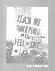 digitized image of Y-Teen scene cover showing a banner with the words reach out touch people they feel just like you on it