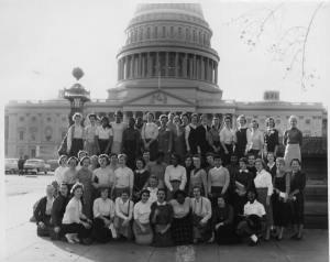 black and white photograph of Y-Teens group photograph in front of the capital building