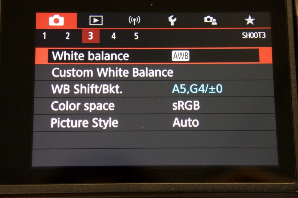 White balance menu