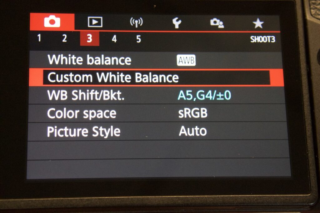 Canon custom white balance menu selected