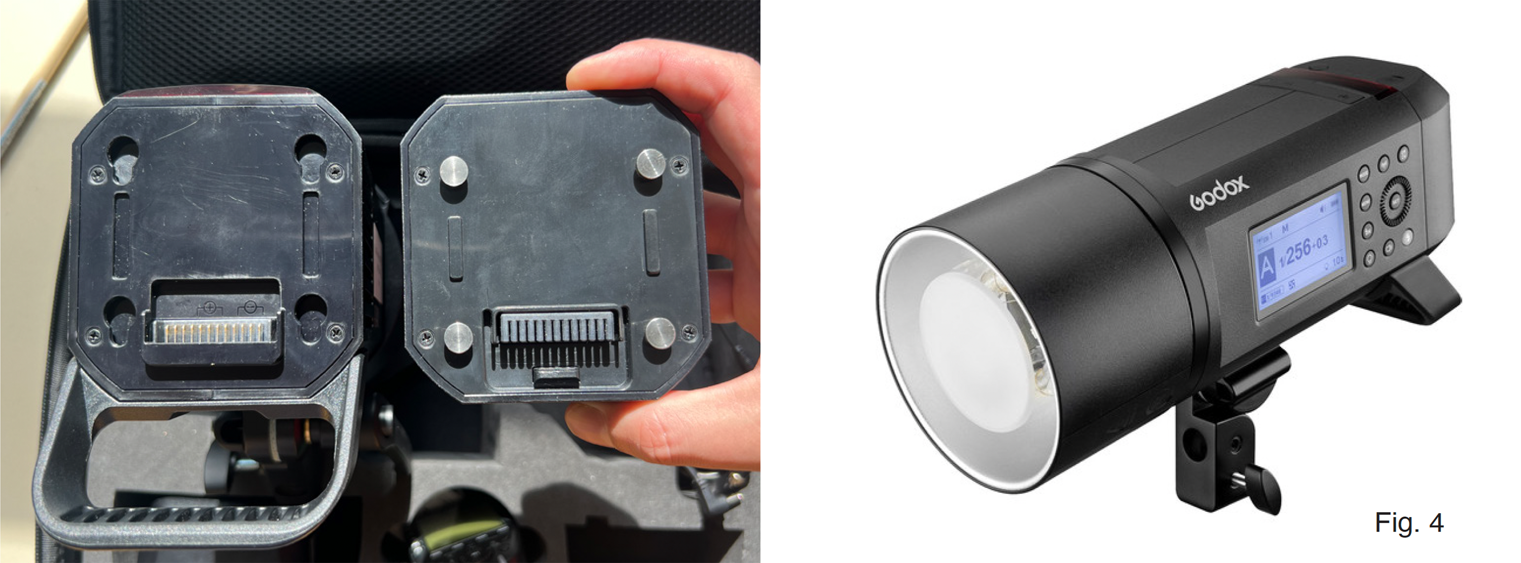 Figure 3: Battery port on monolight with four recessed indentations (left) and back of battery (right), Figure 4: Monolight