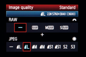 DSLR camera menu with RAW and JPEG image quality options