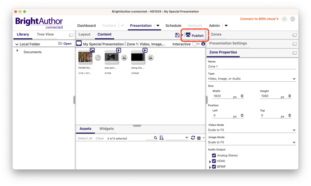BrightAuthor software content page with Publish button highlighted