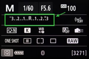 camera menu with settings for mode, aperture, shutter speed, ISO, white balance, file type, and the light meter