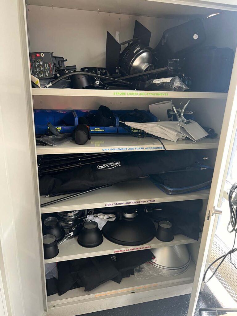 H207 Photo Studio closet with labeled shelves in descending order: strobe lights and attachments, grip equipment and flash accessories, light stands and backdrop stand, umbrellas and reflectors.