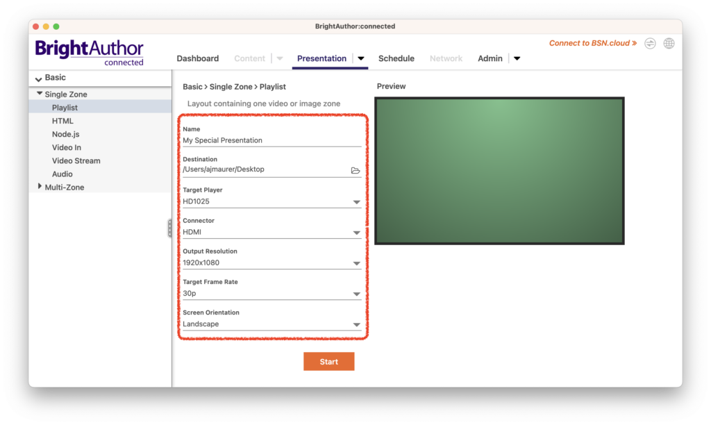 New presentation setup page in BrightAuthor software