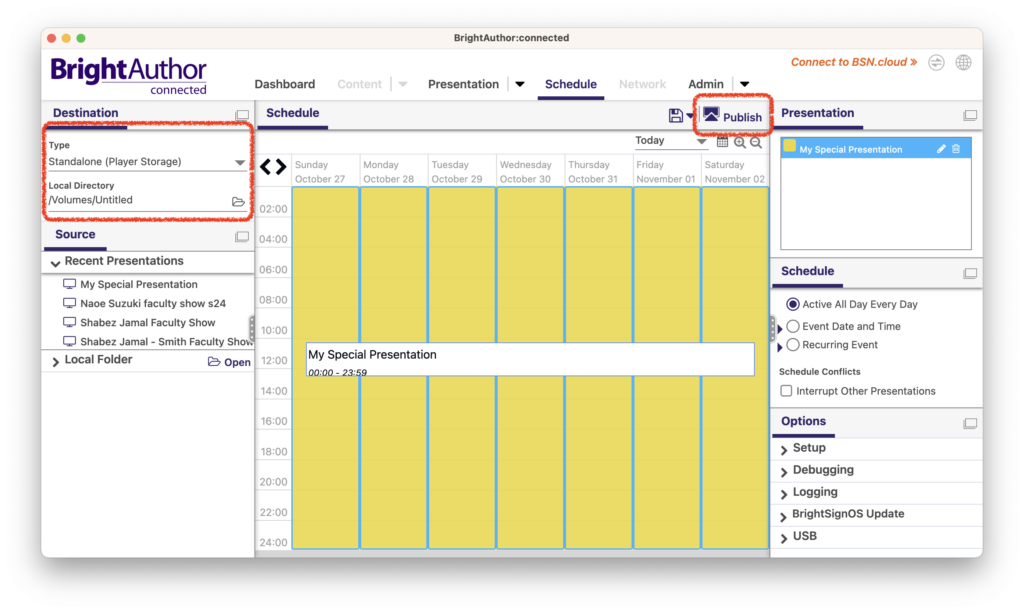 Schedule page of BrightAuthor software