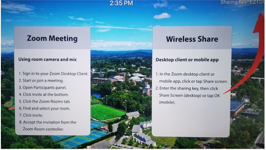 two columns titled Zoom Meeting and Wireless Share over a view of the Smith College campus