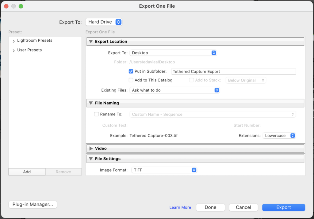 export menu, showing the export location and file naming settings