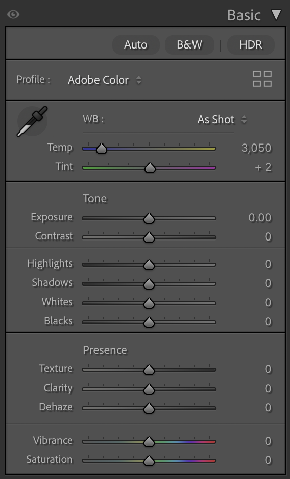 basic settings including white balance, tone, and presence