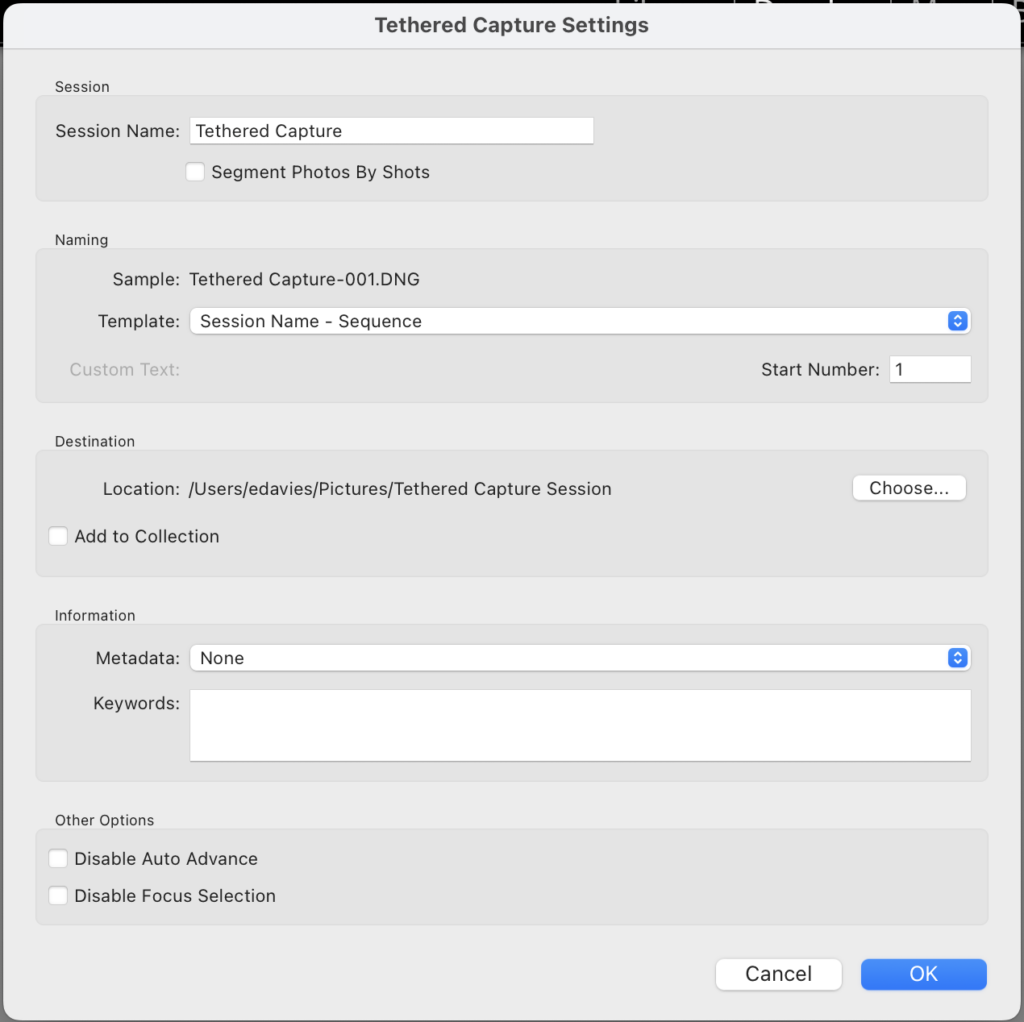 tethered capture settings window