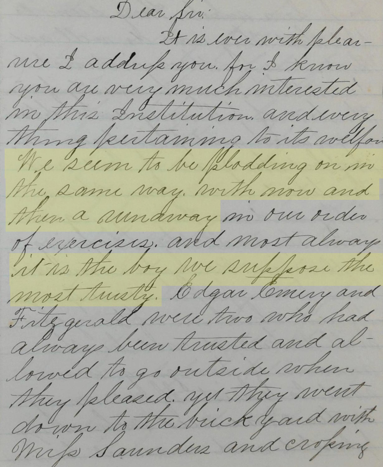 Handwritten letter with yellow highlighted text.