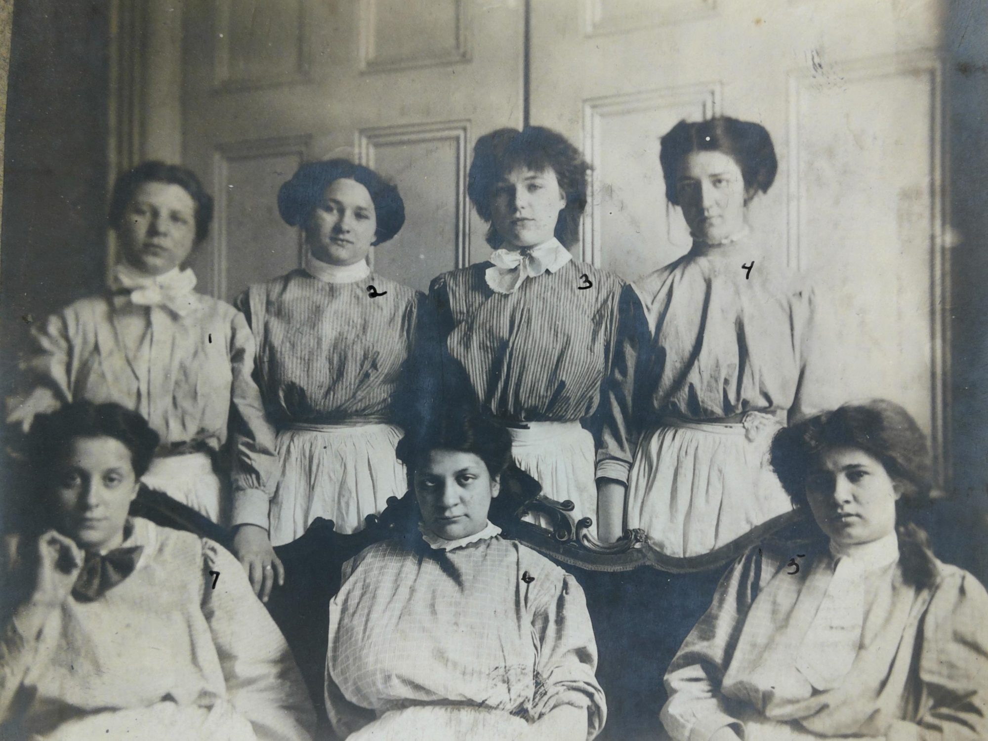 Image of a group of girls looking into the camera. There are hand-drawn numbers on each person.