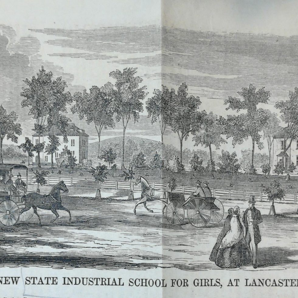 Newspaper sketch of people, horse-drawn buggies, and Lancaster's buildings.