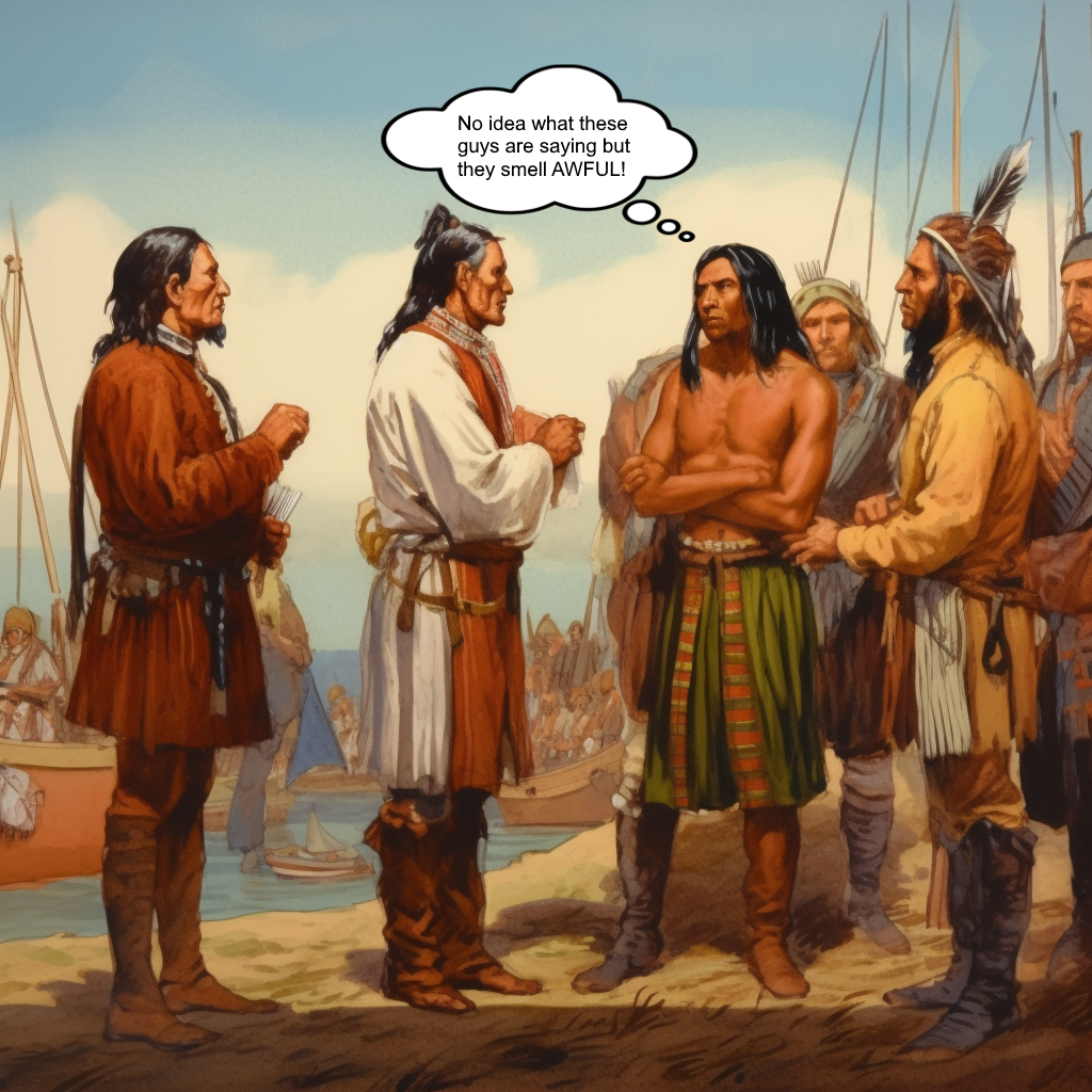 Spanish explorers land on shore and read the 1513 Requirement to people who can't understand Spanish.