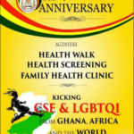6th anniversary celebration poster for the NCPHSRFV. Shows an silhouette of a person over a white map of Africa. The person is depicted as though mid-kick in a game of soccer, with the words "Kicking CSE & LGBTQI from Ghana, Africa, and the World." The event is advertised as multiple days in December 2019.