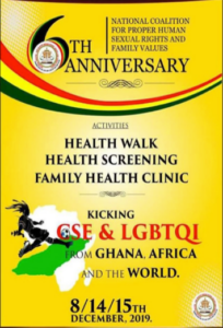 6th anniversary celebration poster for the NCPHSRFV. Shows an silhouette of a person over a white map of Africa. The person is depicted as though mid-kick in a game of soccer, with the words "Kicking CSE & LGBTQI from Ghana, Africa, and the World." The event is advertised as multiple days in December 2019.