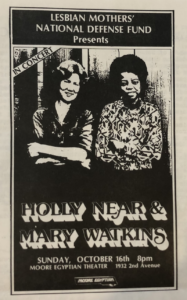 Flyer for an LMNDF benefit concert by Holly Near and Mary Watkins