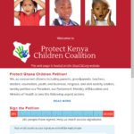 A screenshot of a website "Stop CSE." The main image is advocating to "Protect Kenya Children" and asking the viewer to sign a petition to "Protect Ghana Children." Several photos of (possibly) African/Ghanaian/Kenyan children are shown.