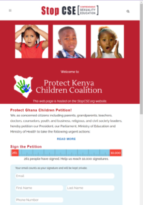 A screenshot of a website "Stop CSE." The main image is advocating to "Protect Kenya Children" and asking the viewer to sign a petition to "Protect Ghana Children." Several photos of (possibly) African/Ghanaian/Kenyan children are shown.