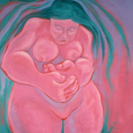 Pink nude with large hands over stomach that shape a baby