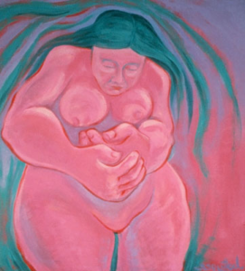 Pink nude with large hands over stomach that shape a baby