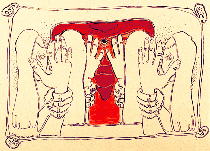 Symmetrical art of a women signing "mirror" with hands held firmly in place, mirrored across a uterus with an eye