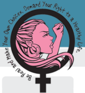 The logo of The Pro-Choice Public Education Project. It is of a black woman in the center of the female symbol with text surrounding her stating, "Be Real and Make Your Own Choices. Demand Your Rights to a Healthy Life."