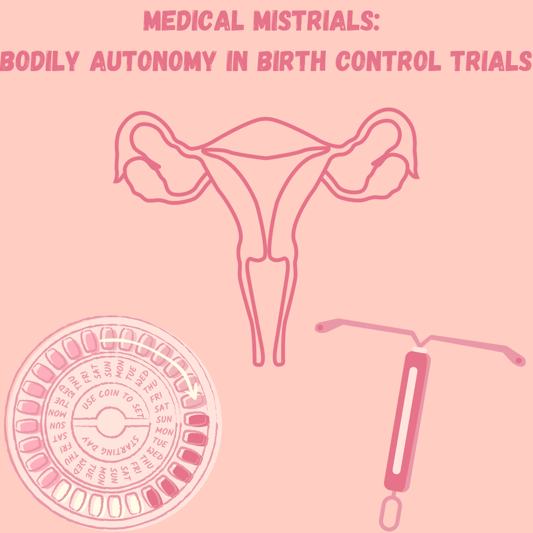 a graphic with the title of the podcast at the top, a uterus in the center, an oral contraceptive package in the bottom left, and an iud in the bottom right
