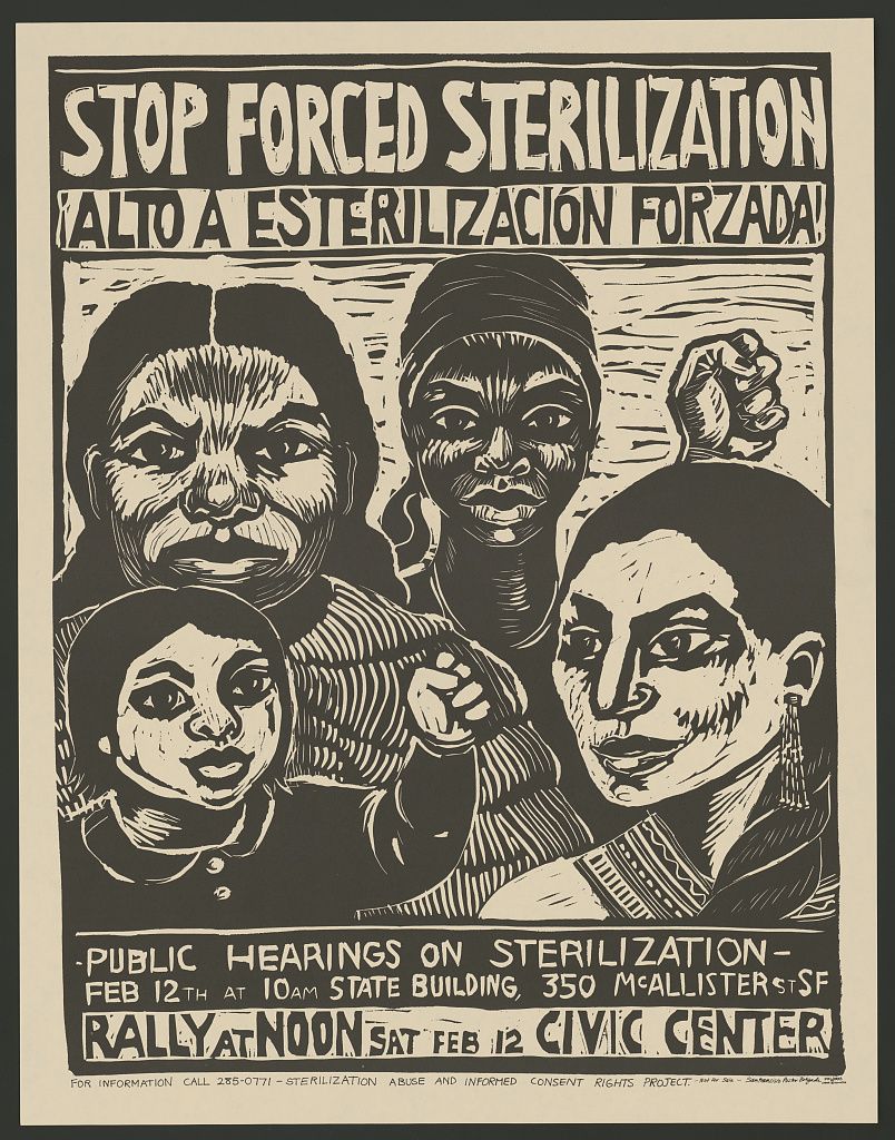 a printed poster showing several people that read at the top "stop forced sterilization" "alto a esterilización forzada"