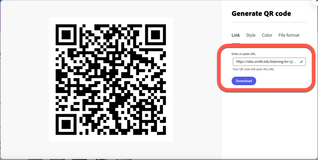 The Generate QR Code box on adobe express with a red circle around the download button