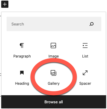 The block inserter with the Gallery block circled in red